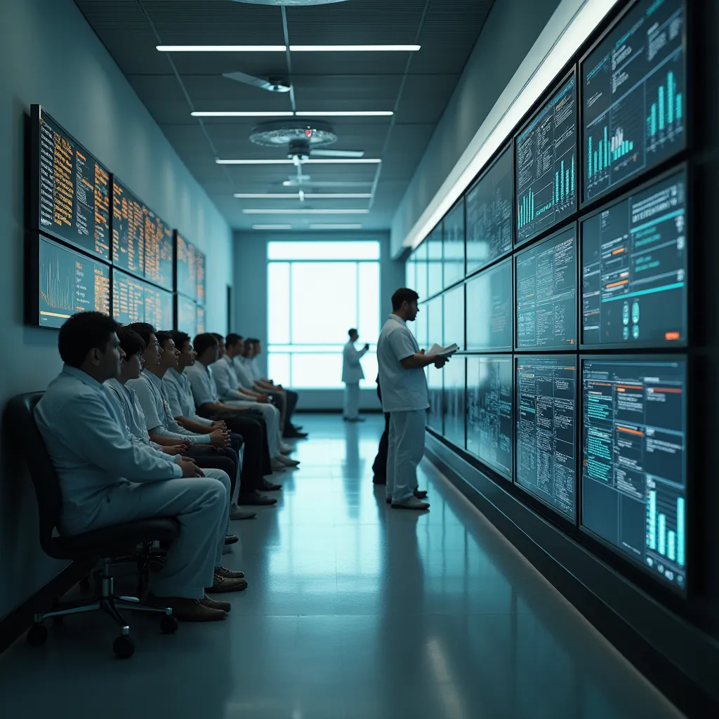 A manager is trying to control his organization from a wall of screen, while his staff passively waits behind him, having no clue what to do.